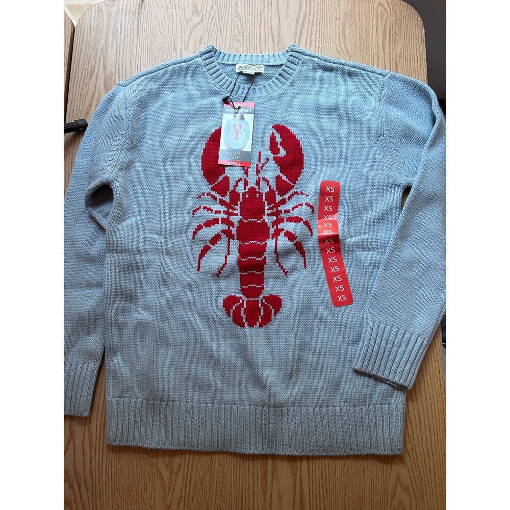 New Women’s Mighty Fine Lobster 🦞 Print Sweater Cotton Acrylic Baby Blue Xs